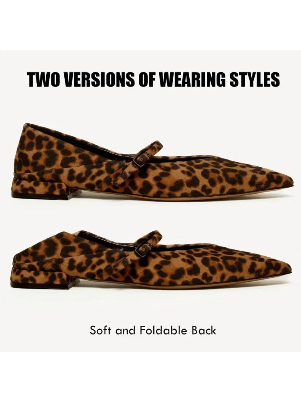 Women's Leopard Mary Jane Pointed Toe Ballet Flats Foldable Office Dress Shoes